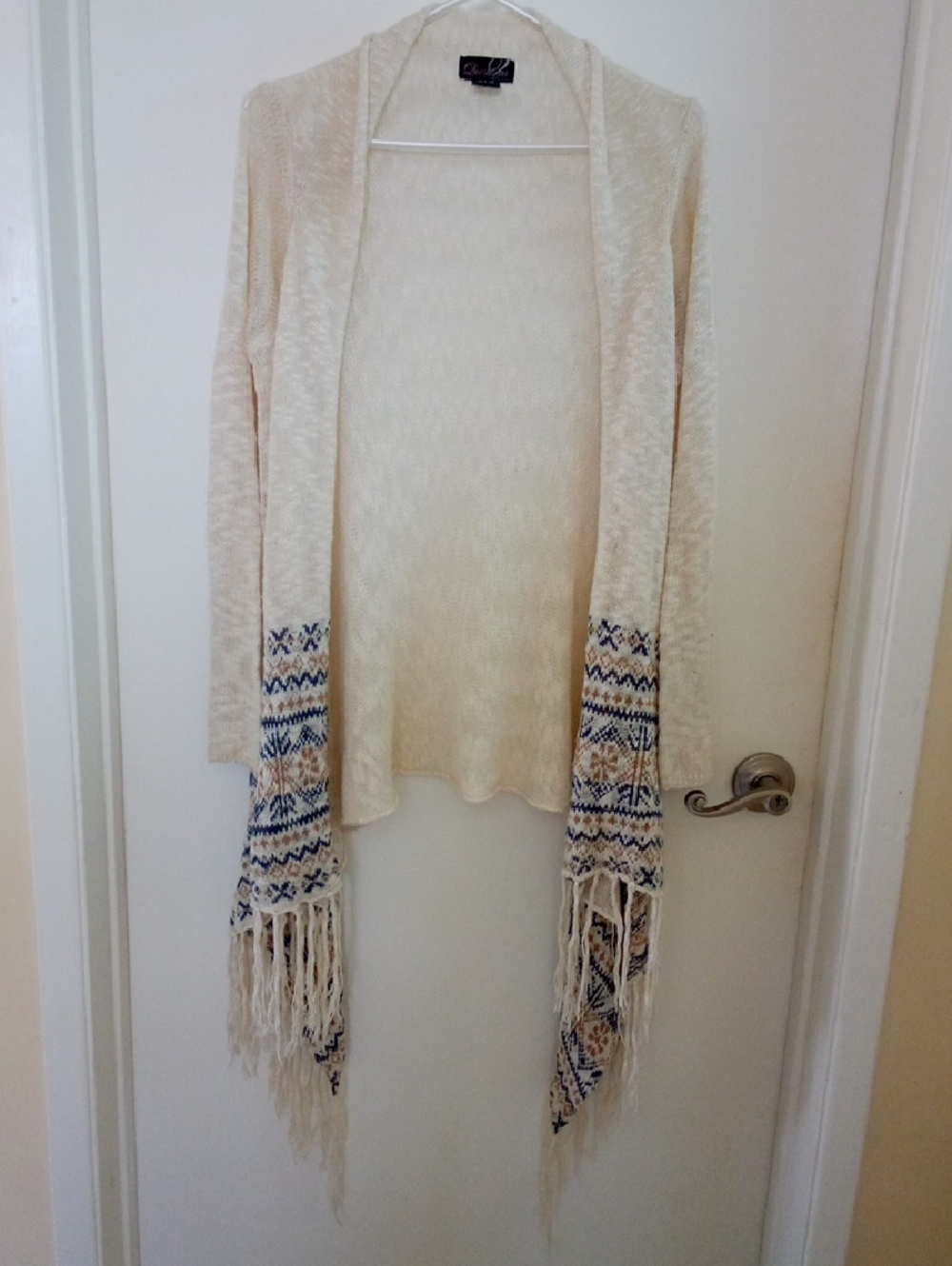 Open-Front Fringe Soft Cardigan Shrug — Cream with Blue Accents
